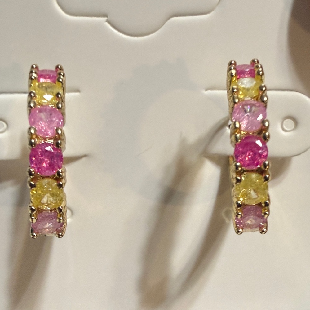 Pretty Bird Gold Plated with Yellow and Pink Stone Small Hoop Earrings